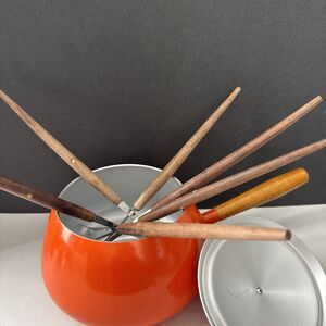 Vintage MCM Orange Fondue Pot With 6 Wood Handle Color Coded MCM Fondue Forks